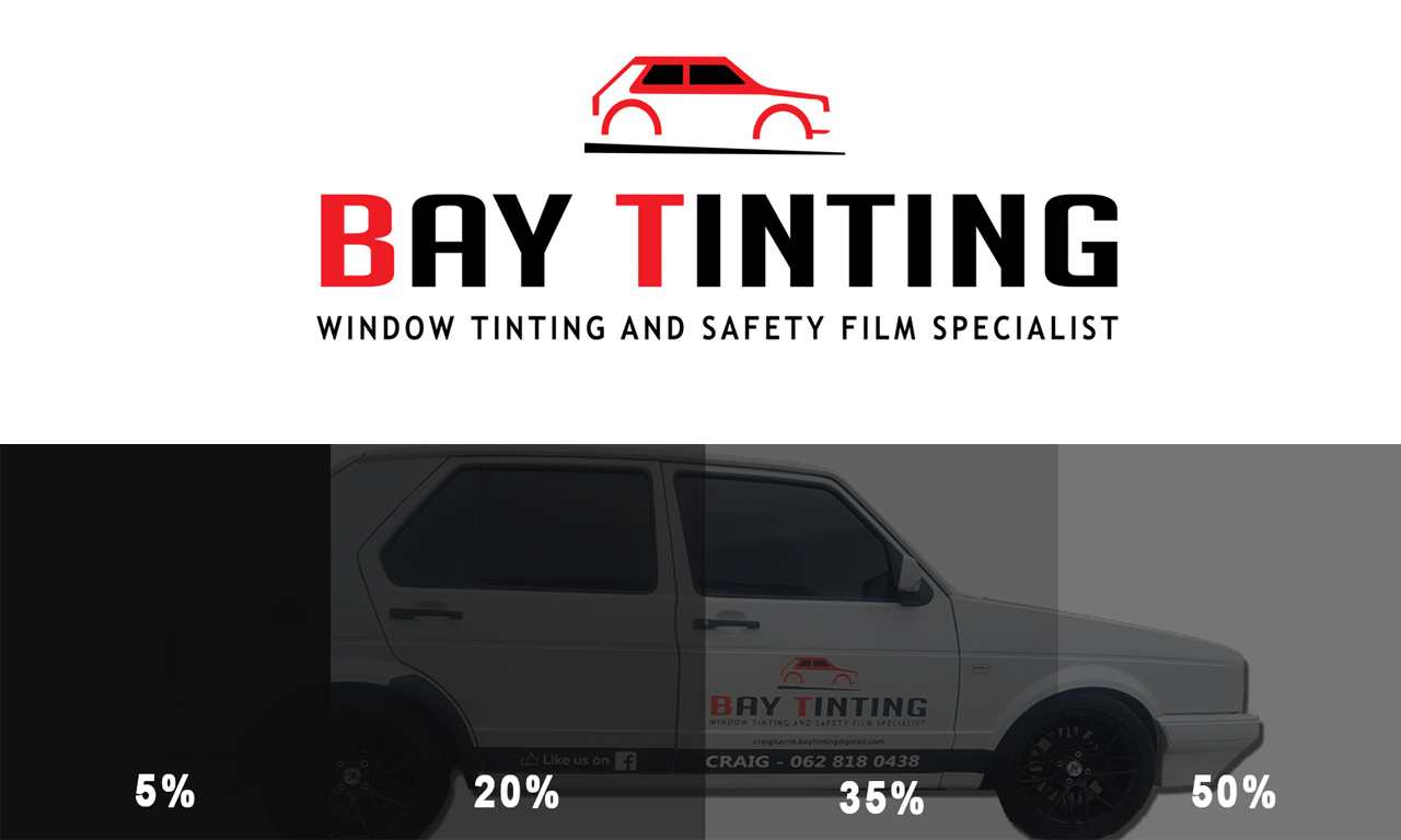 Bay Tinting Gqeberha - Vehicle Window Tinting Percentages from 5% to 50% Bay Tinting logo with a visual demonstration of window tint percentages including 5 percent, 20 percent, 35 percent, and 50 percent automotive film darkness levels.